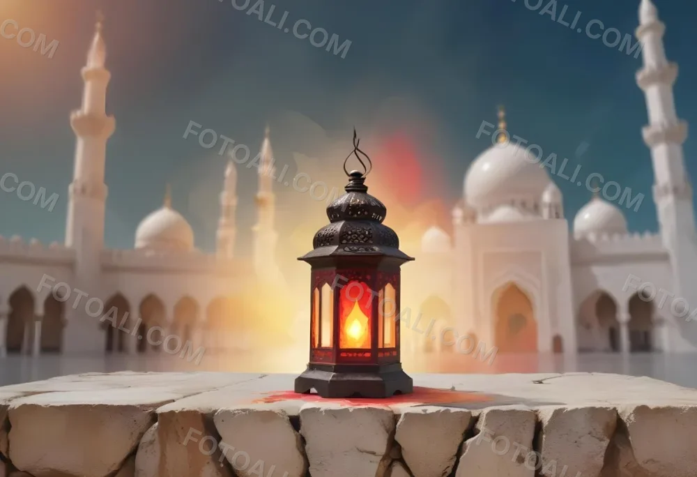 Digital Painting A Lantern On A Stone Surface A Mosque In The Background The Lantern Is White With Red And Yellow Glass The Mosque Is White And Blurred Bold And Slim Lines Brush Strokes 22 D414