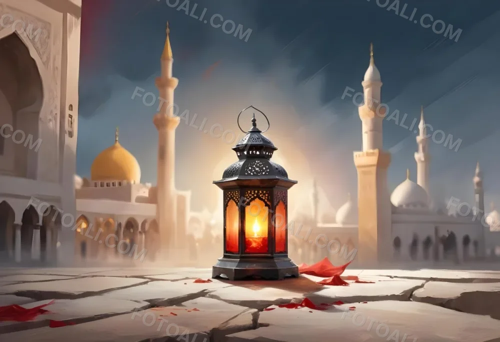 Digital Painting A Lantern On A Stone Surface A Mosque In The Background The Lantern Is White With Red And Yellow Glass The Mosque Is White And Blurred Bold And Slim Lines Brush Strokes 23 Fc21