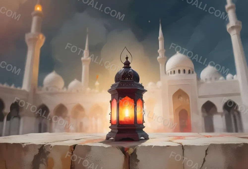 Digital Painting A Lantern On A Stone Surface A Mosque In The Background The Lantern Is White With Red And Yellow Glass The Mosque Is White And Blurred Bold And Slim Lines Brush Strokes 24 9889