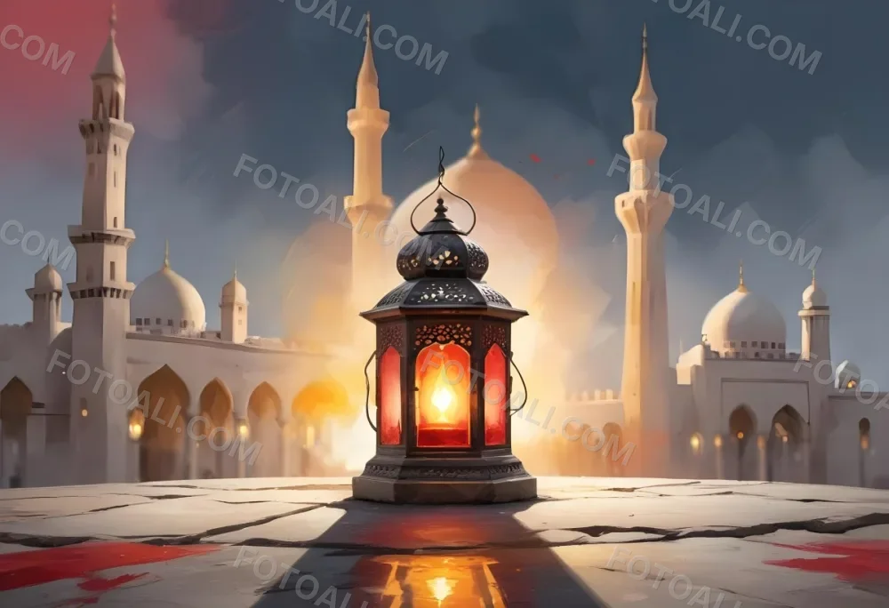 Digital Painting A Lantern On A Stone Surface A Mosque In The Background The Lantern Is White With Red And Yellow Glass The Mosque Is White And Blurred Bold And Slim Lines Brush Strokes 25 66dd