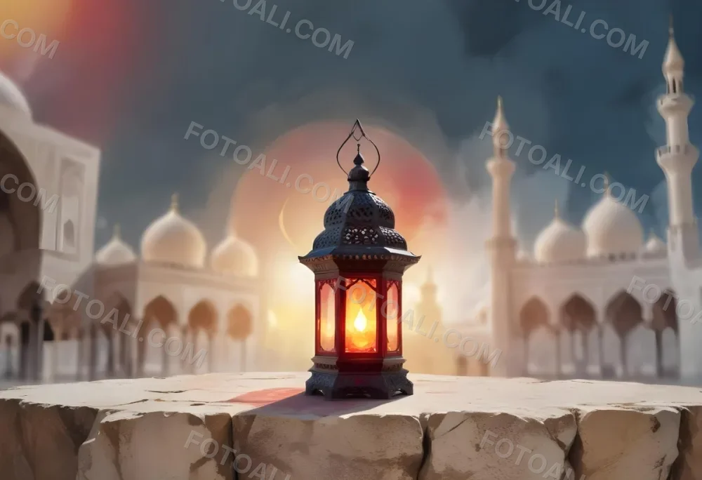 Digital Painting A Lantern On A Stone Surface A Mosque In The Background The Lantern Is White With Red And Yellow Glass The Mosque Is White And Blurred Bold And Slim Lines Brush Strokes 3 46cd