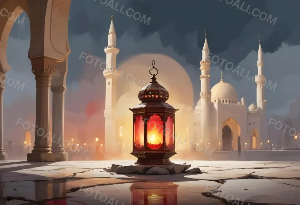 Digital Painting A Lantern On A Stone Surface A Mosque In The Background The Lantern Is White With Red And Yellow Glass The Mosque Is White And Blurred Bold And Slim Lines Brush Strokes 5 0459
