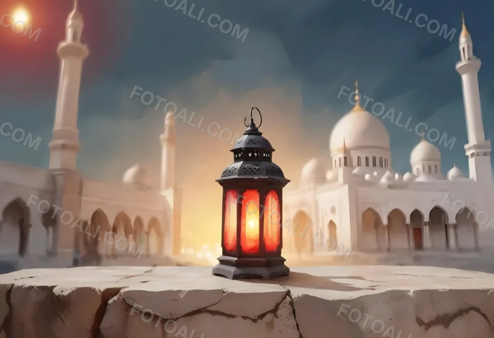 Digital Painting A Lantern On A Stone Surface A Mosque In The Background The Lantern Is White With Red And Yellow Glass The Mosque Is White And Blurred Bold And Slim Lines Brush Strokes 8 A4a1