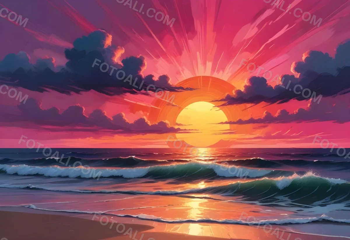 Digital Painting A Large Colorful Sun Setting Over A Calm Reflective Ocean With A Vibrant Pink And Orange Sky Surrounded By A Stormy Sea Under A Twilight Sky Bold And Slim Lines Brush Strokes 1 Ff37