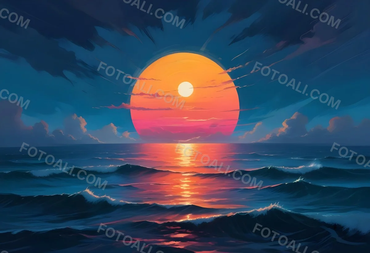 Digital Painting A Large Colorful Sun Setting Over A Calm Reflective Ocean With A Vibrant Pink And Orange Sky Surrounded By A Stormy Sea Under A Twilight Sky Bold And Slim Lines Brush Strokes 10 471e