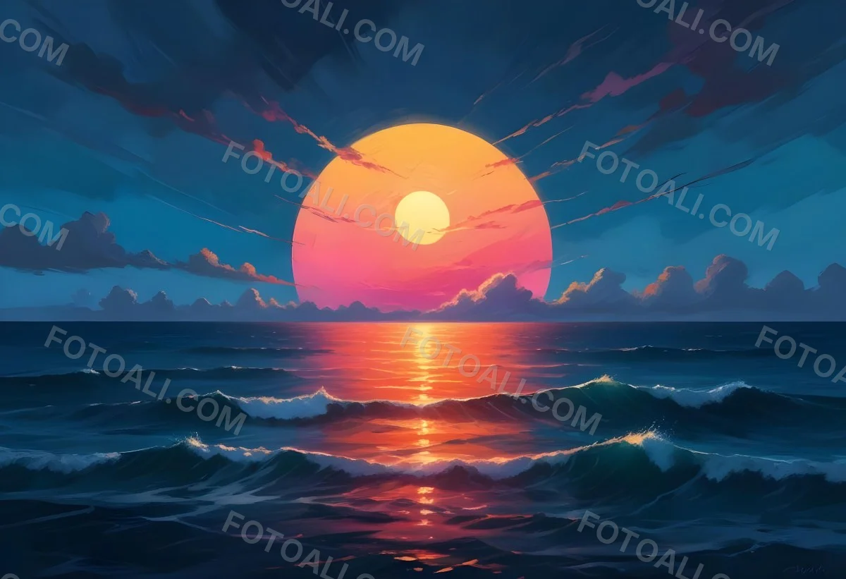 Digital Painting A Large Colorful Sun Setting Over A Calm Reflective Ocean With A Vibrant Pink And Orange Sky Surrounded By A Stormy Sea Under A Twilight Sky Bold And Slim Lines Brush Strokes 11 4afd