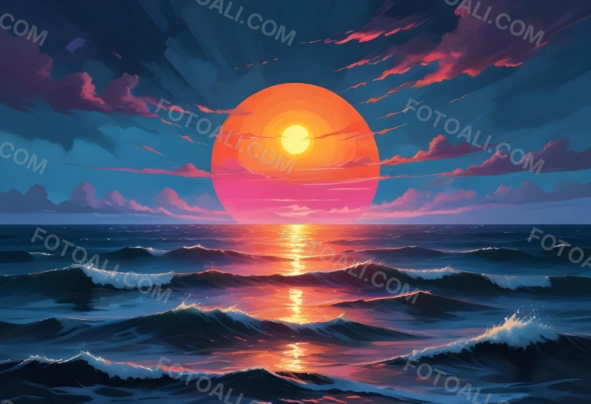 Digital Painting A Large Colorful Sun Setting Over A Calm Reflective Ocean With A Vibrant Pink And Orange Sky Surrounded By A Stormy Sea Under A Twilight Sky Bold And Slim Lines Brush Strokes 12 9178