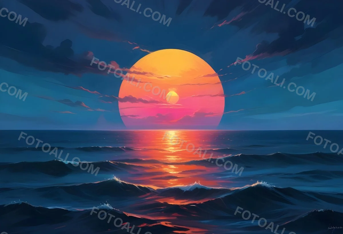 Digital Painting A Large Colorful Sun Setting Over A Calm Reflective Ocean With A Vibrant Pink And Orange Sky Surrounded By A Stormy Sea Under A Twilight Sky Bold And Slim Lines Brush Strokes 14 741f