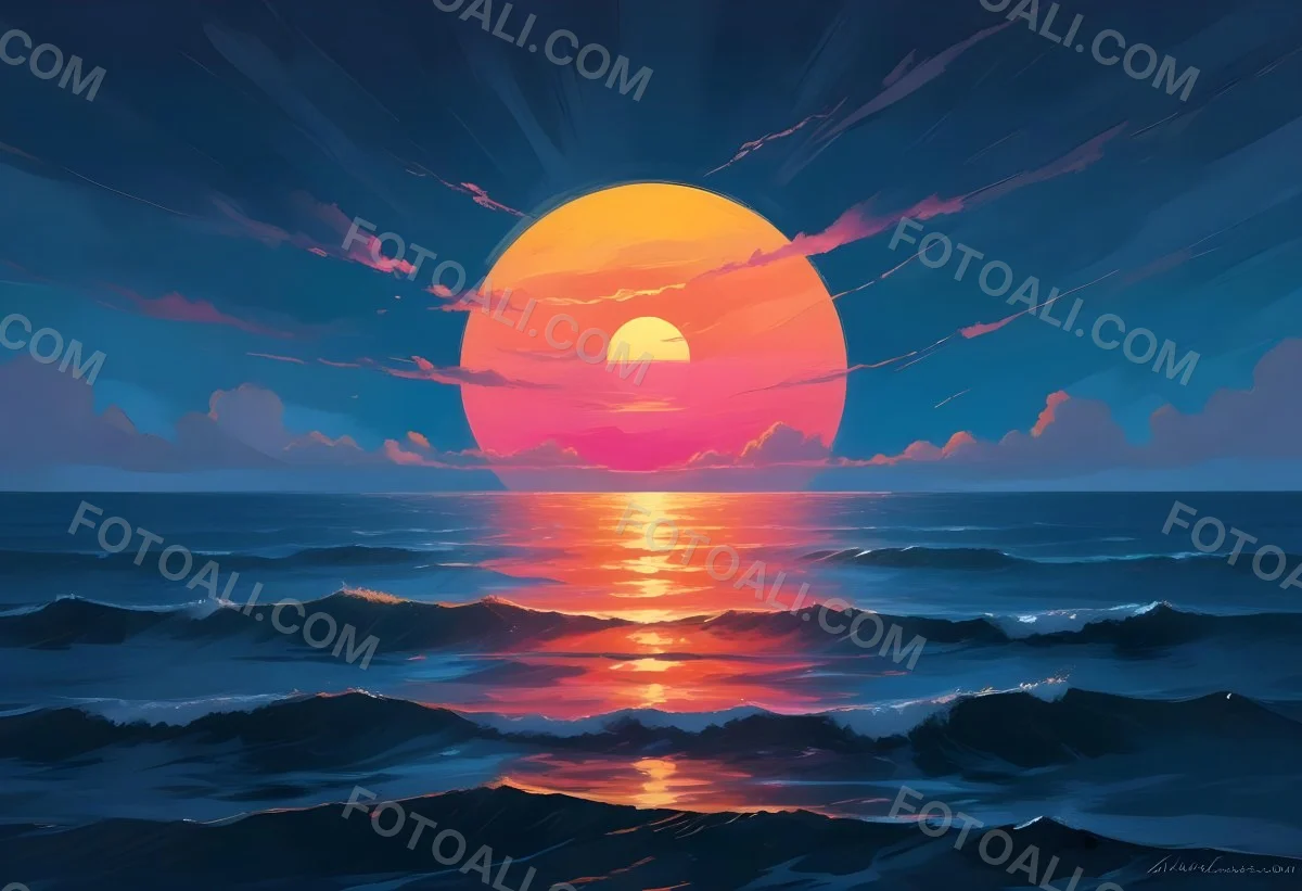 Digital Painting A Large Colorful Sun Setting Over A Calm Reflective Ocean With A Vibrant Pink And Orange Sky Surrounded By A Stormy Sea Under A Twilight Sky Bold And Slim Lines Brush Strokes 15 16a5