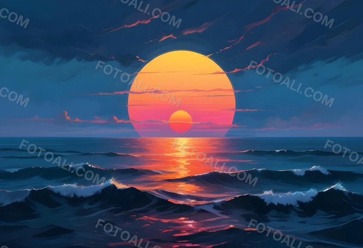 Digital Painting A Large Colorful Sun Setting Over A Calm Reflective Ocean With A Vibrant Pink And Orange Sky Surrounded By A Stormy Sea Under A Twilight Sky Bold And Slim Lines Brush Strokes 16 44f8