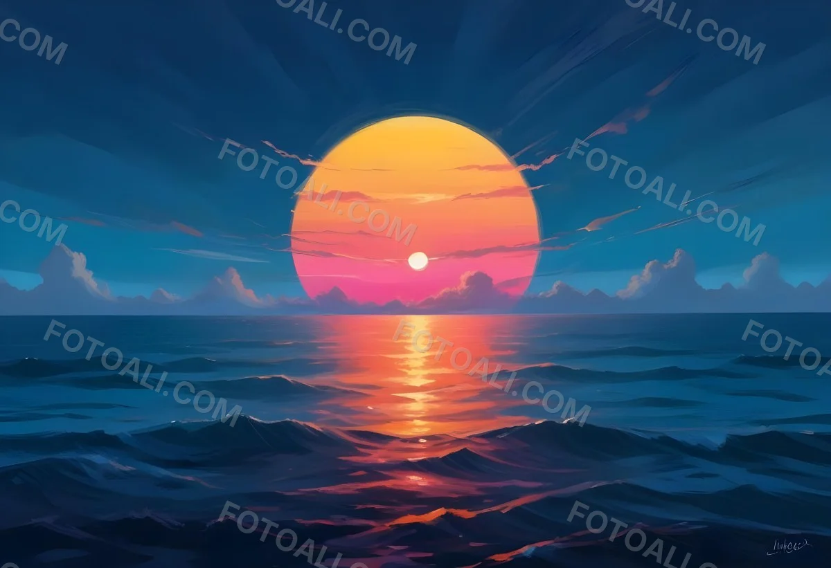 Digital Painting A Large Colorful Sun Setting Over A Calm Reflective Ocean With A Vibrant Pink And Orange Sky Surrounded By A Stormy Sea Under A Twilight Sky Bold And Slim Lines Brush Strokes 17 C683