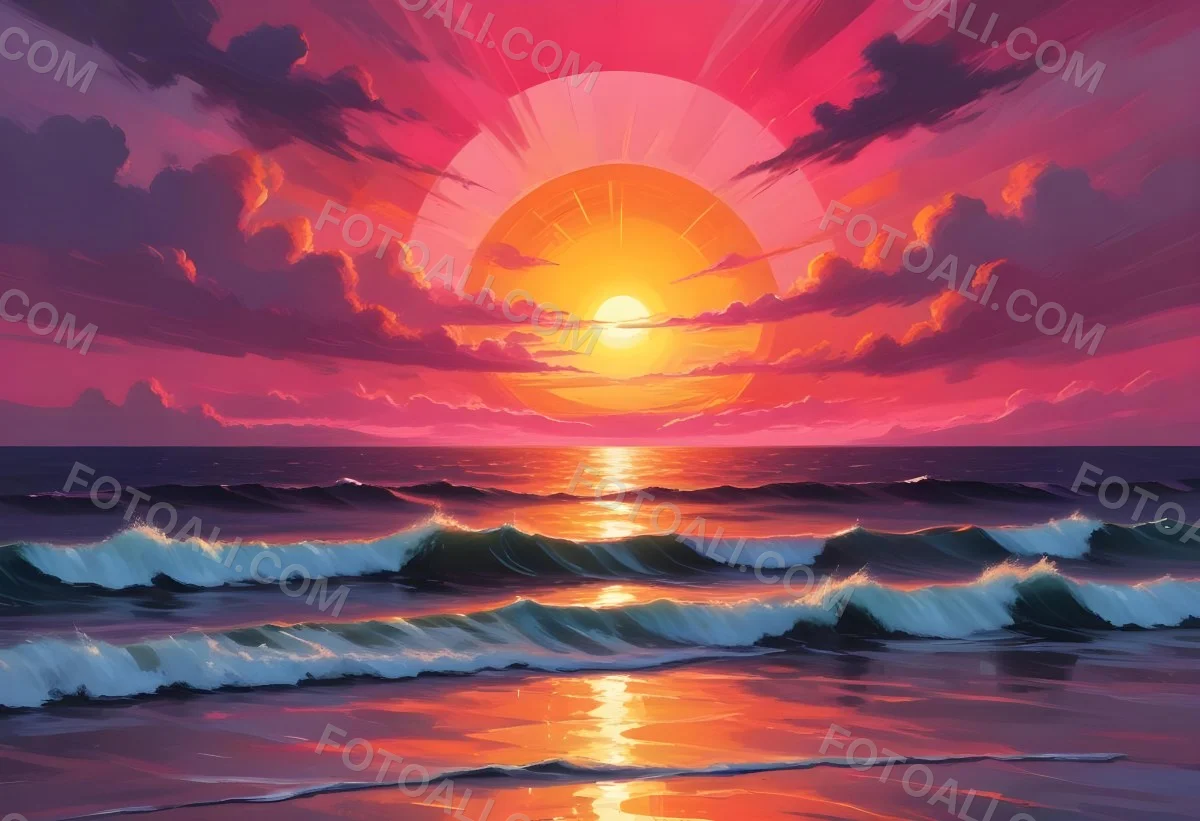 Digital Painting A Large Colorful Sun Setting Over A Calm Reflective Ocean With A Vibrant Pink And Orange Sky Surrounded By A Stormy Sea Under A Twilight Sky Bold And Slim Lines Brush Strokes 2 695d