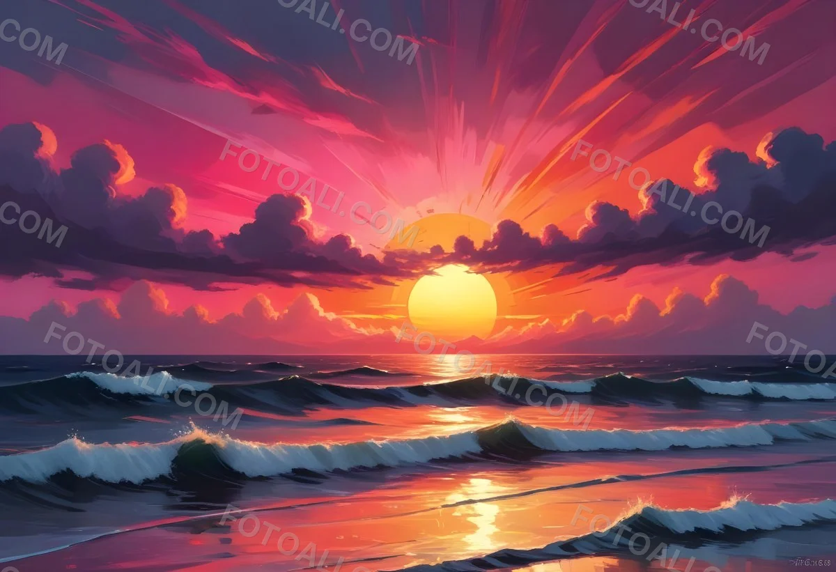 Digital Painting A Large Colorful Sun Setting Over A Calm Reflective Ocean With A Vibrant Pink And Orange Sky Surrounded By A Stormy Sea Under A Twilight Sky Bold And Slim Lines Brush Strokes 3 Dc33