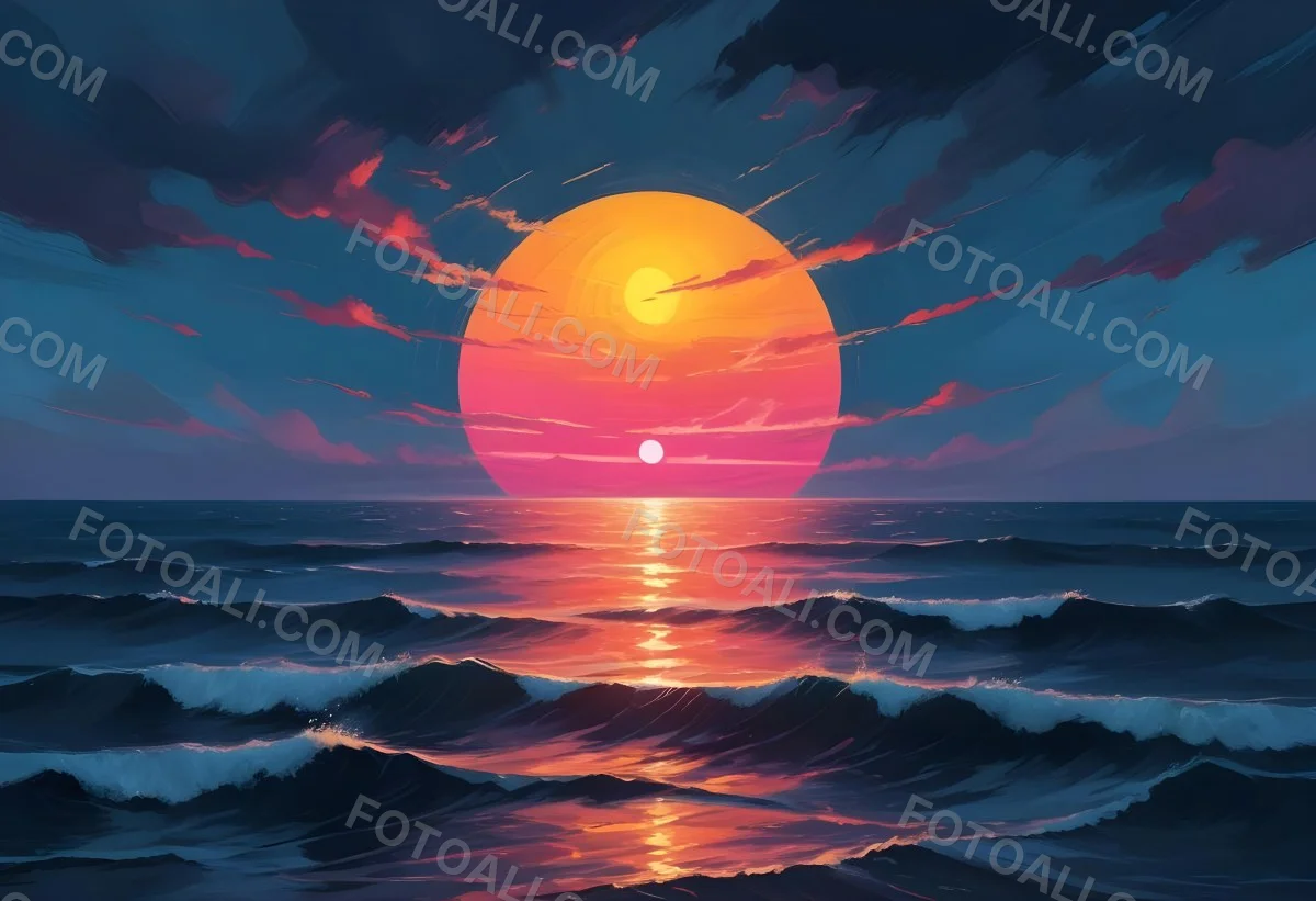 Digital Painting A Large Colorful Sun Setting Over A Calm Reflective Ocean With A Vibrant Pink And Orange Sky Surrounded By A Stormy Sea Under A Twilight Sky Bold And Slim Lines Brush Strokes 7 2779