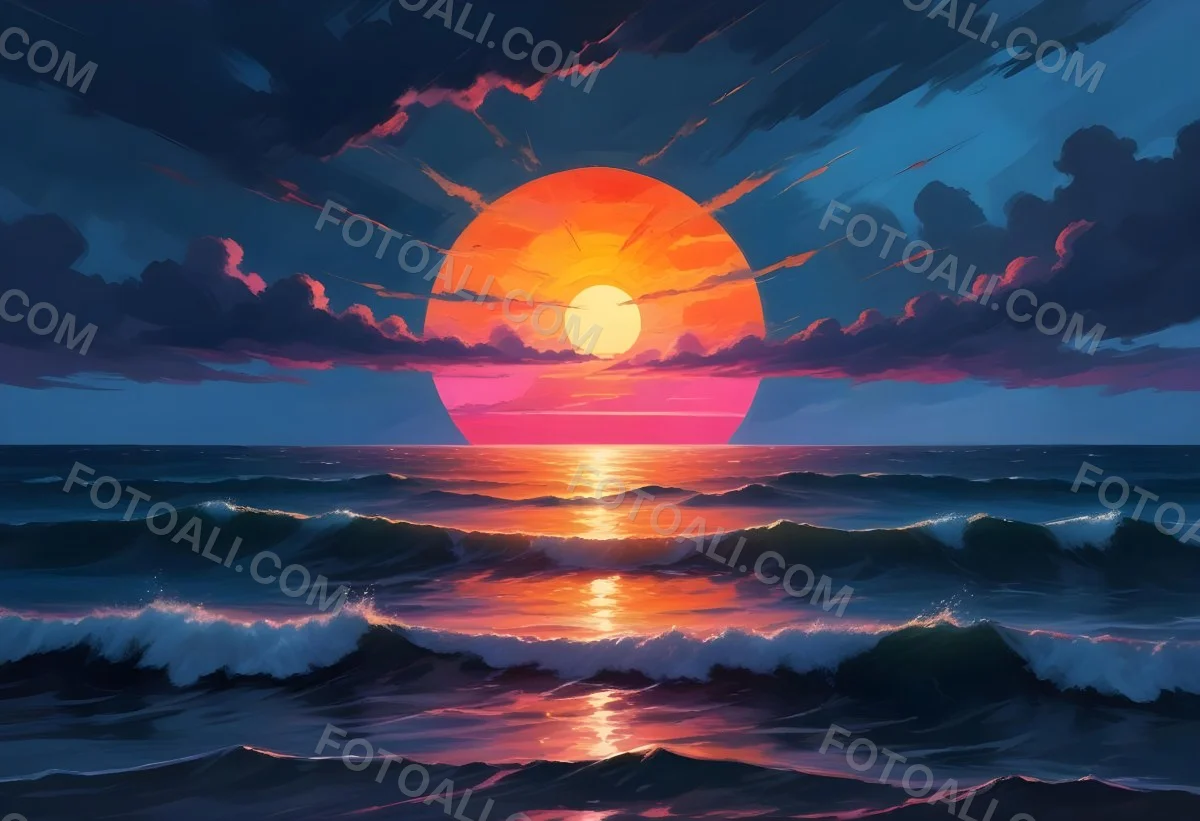 Digital Painting A Large Colorful Sun Setting Over A Calm Reflective Ocean With A Vibrant Pink And Orange Sky Surrounded By A Stormy Sea Under A Twilight Sky Bold And Slim Lines Brush Strokes 8 A08b