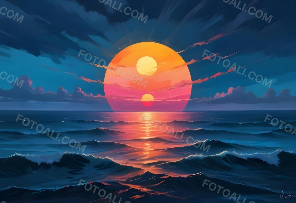 Digital Painting A Large Colorful Sun Setting Over A Calm Reflective Ocean With A Vibrant Pink And Orange Sky Surrounded By A Stormy Sea Under A Twilight Sky Bold And Slim Lines Brush Strokes 9 4c3b