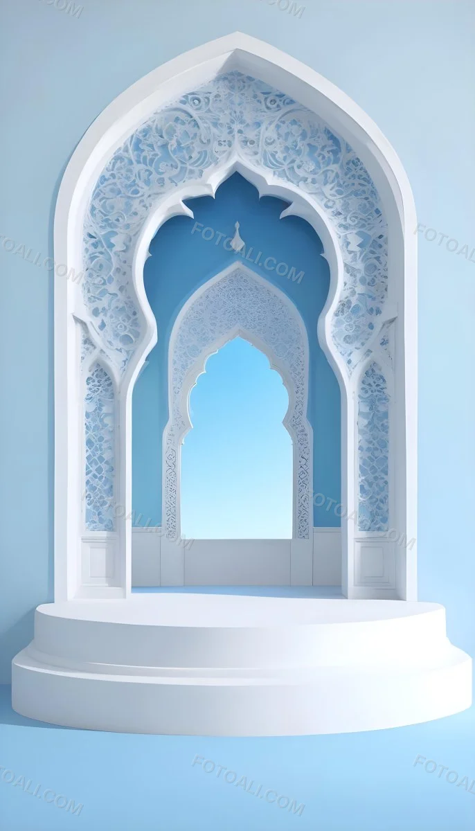 Digital Painting A Large Ornate Arched Window With Intricate Islamic Style Patterns And Designs Framing A Bright Blue Sky In The Background Bold And Slim Lines Brush Strokes 1 592b
