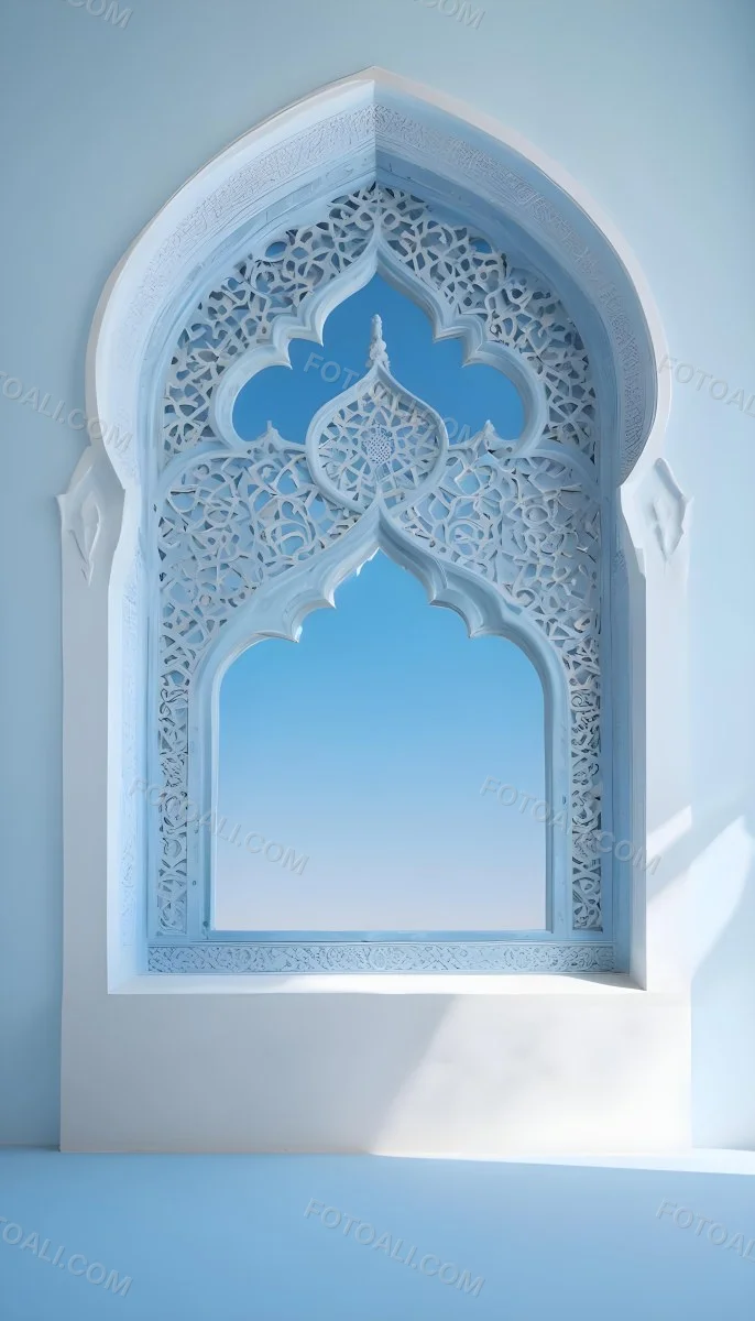 Digital Painting A Large Ornate Arched Window With Intricate Islamic Style Patterns And Designs Framing A Bright Blue Sky In The Background Bold And Slim Lines Brush Strokes 10 5092
