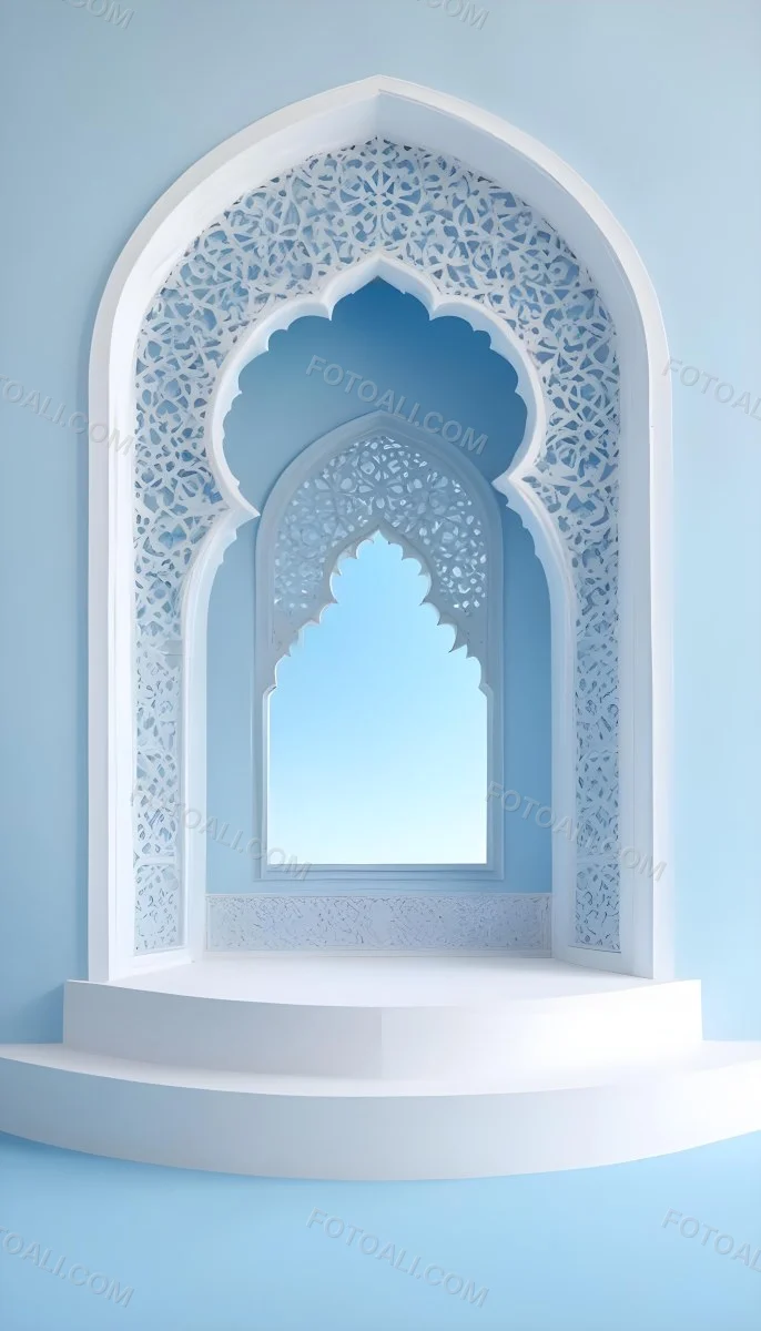 Digital Painting A Large Ornate Arched Window With Intricate Islamic Style Patterns And Designs Framing A Bright Blue Sky In The Background Bold And Slim Lines Brush Strokes 11 337b