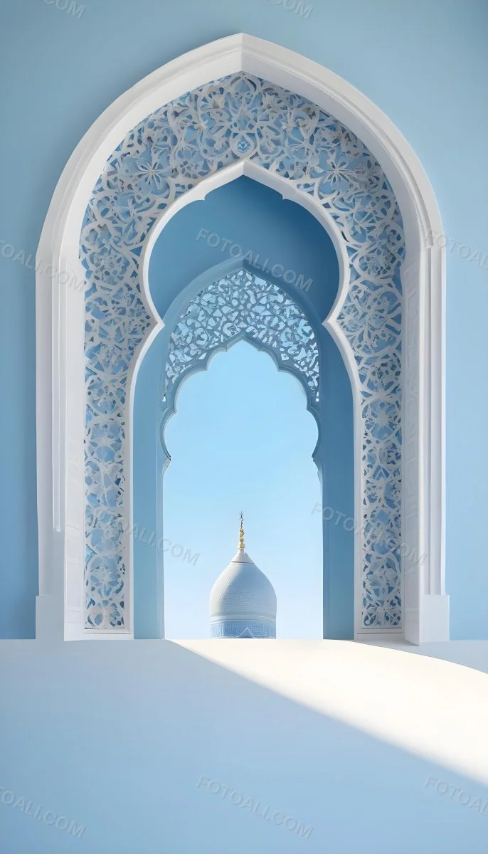 Digital Painting A Large Ornate Arched Window With Intricate Islamic Style Patterns And Designs Framing A Bright Blue Sky In The Background Bold And Slim Lines Brush Strokes 12 0119