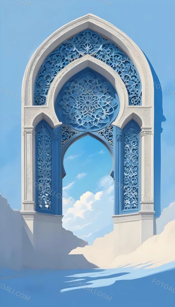 Digital Painting A Large Ornate Arched Window With Intricate Islamic Style Patterns And Designs Framing A Bright Blue Sky In The Background Bold And Slim Lines Brush Strokes 2 5bd5
