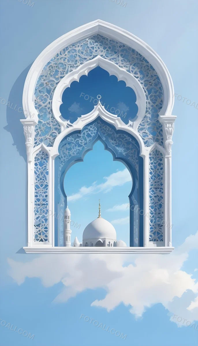 Digital Painting A Large Ornate Arched Window With Intricate Islamic Style Patterns And Designs Framing A Bright Blue Sky In The Background Bold And Slim Lines Brush Strokes 3 924c