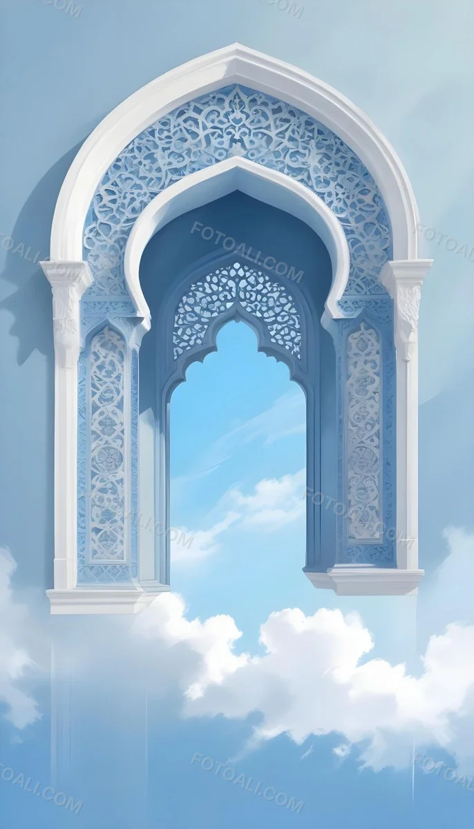 Digital Painting A Large Ornate Arched Window With Intricate Islamic Style Patterns And Designs Framing A Bright Blue Sky In The Background Bold And Slim Lines Brush Strokes 4 0aba