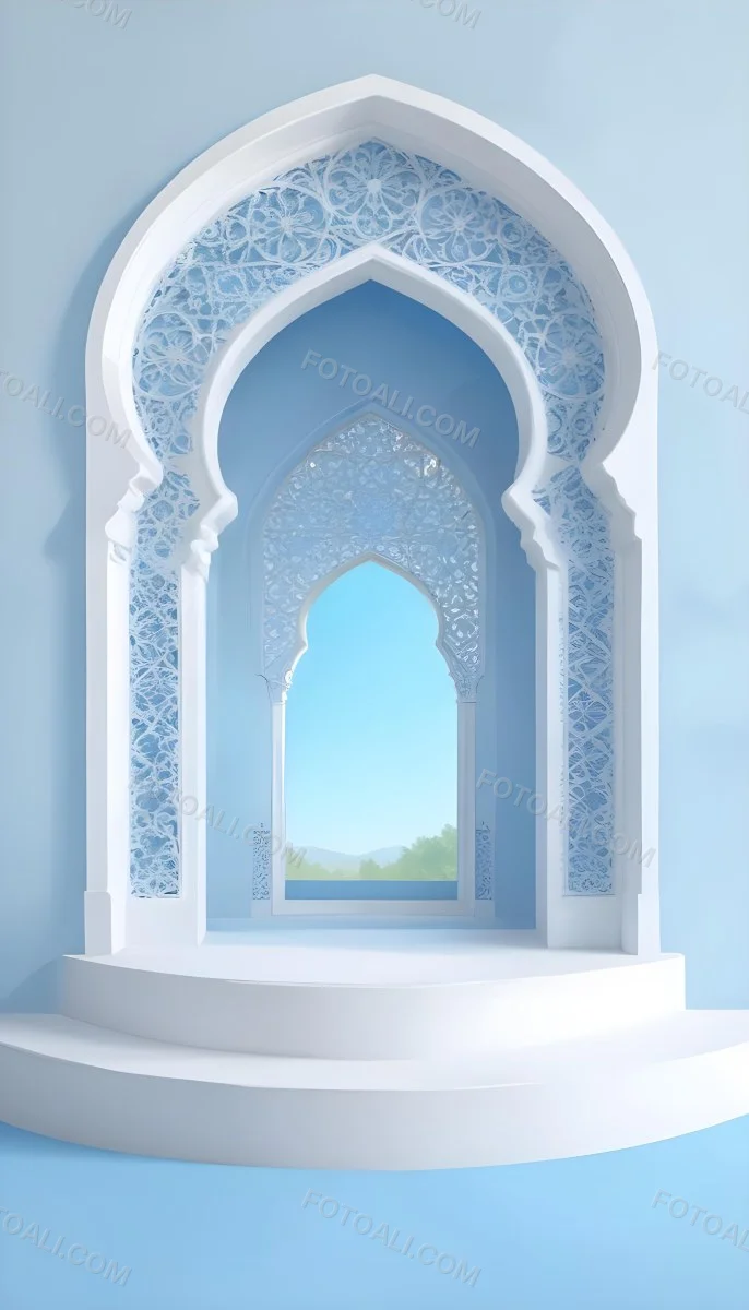 Digital Painting A Large Ornate Arched Window With Intricate Islamic Style Patterns And Designs Framing A Bright Blue Sky In The Background Bold And Slim Lines Brush Strokes 5 97f0