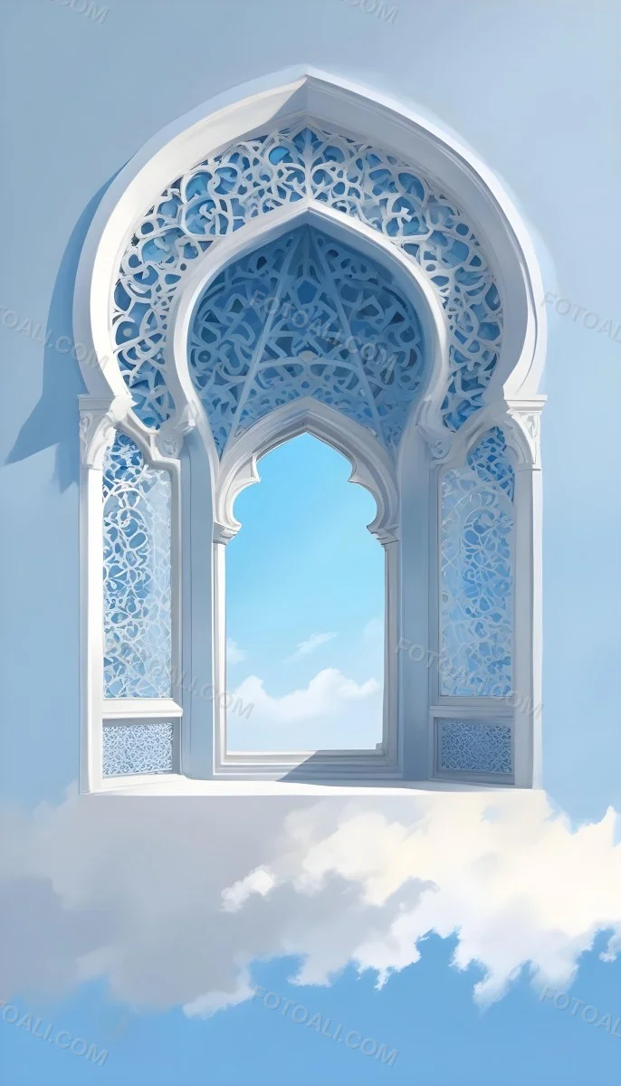 Digital Painting A Large Ornate Arched Window With Intricate Islamic Style Patterns And Designs Framing A Bright Blue Sky In The Background Bold And Slim Lines Brush Strokes 6 8c0a