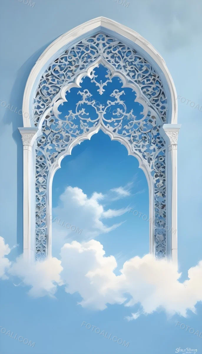 Digital Painting A Large Ornate Arched Window With Intricate Islamic Style Patterns And Designs Framing A Bright Blue Sky In The Background Bold And Slim Lines Brush Strokes 7 2f51