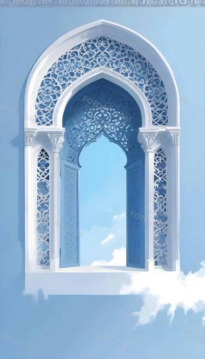 Digital Painting A Large Ornate Arched Window With Intricate Islamic Style Patterns And Designs Framing A Bright Blue Sky In The Background Bold And Slim Lines Brush Strokes 8 E95b