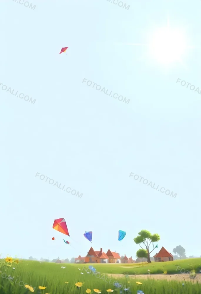 Digital Painting A Light Blue Sky With A Bright Sun In The Upper Corner At The Bottom There Are Colorful Kites Including A Blue One And A Green One Along With Some Small Flowers And Grass The Overall Scene Conveys A Cheerful 1 81ca