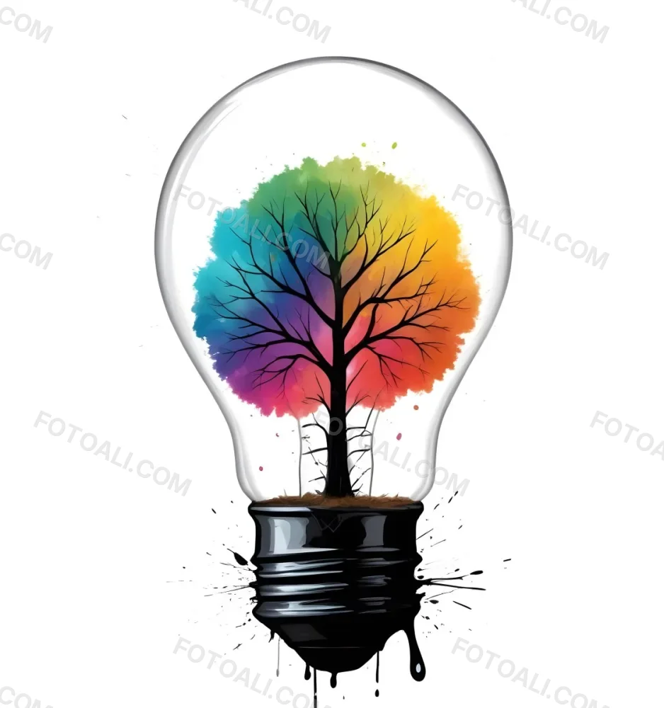 Digital Painting A Light Bulb With A Tree Inside The Tree Has Colorful Leaves And A White Trunk Black Background Bold And Slim Lines Brush Strokes 12 Cda2