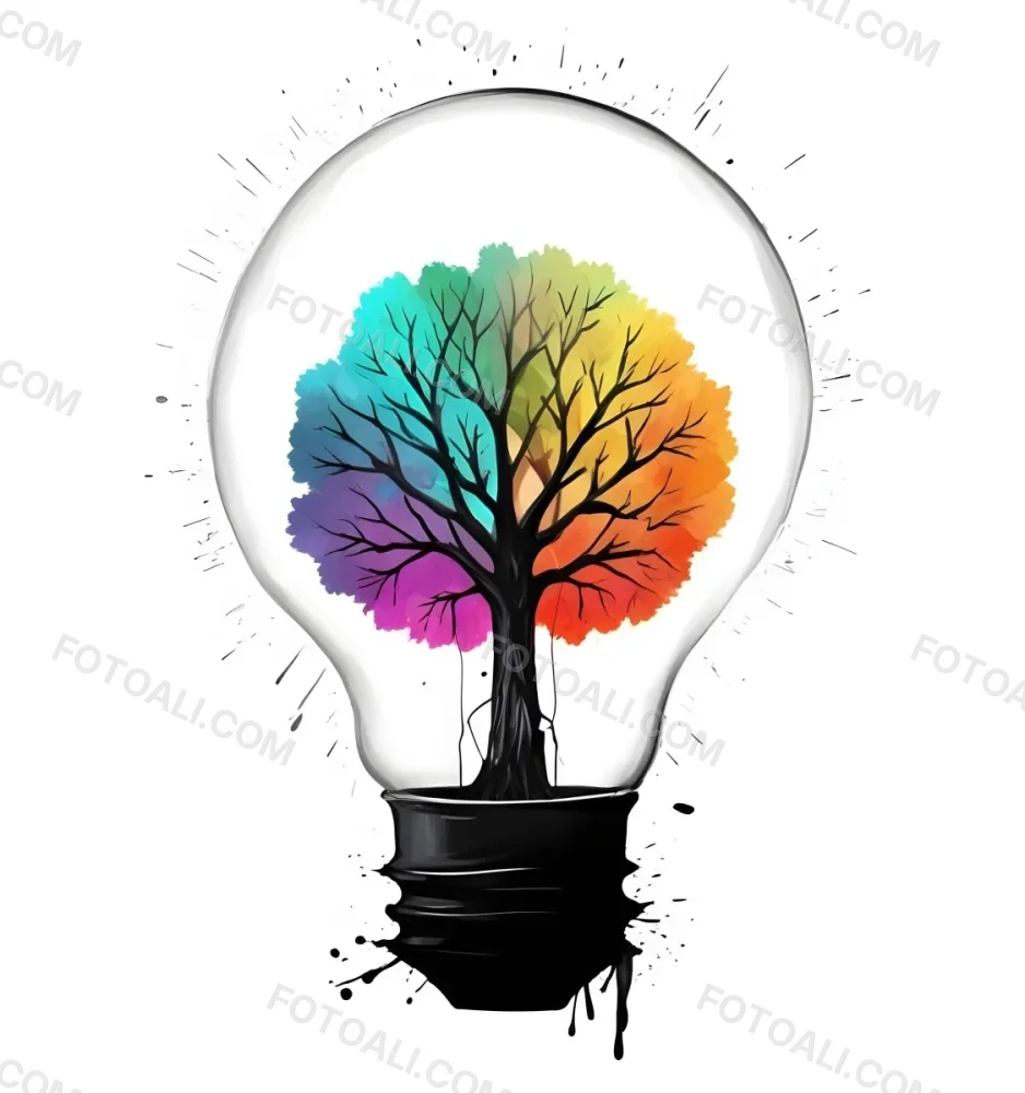 Digital Painting A Light Bulb With A Tree Inside The Tree Has Colorful Leaves And A White Trunk Black Background Bold And Slim Lines Brush Strokes 14 Ed53