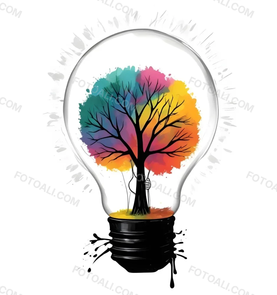 Digital Painting A Light Bulb With A Tree Inside The Tree Has Colorful Leaves And A White Trunk Black Background Bold And Slim Lines Brush Strokes 15 E71e
