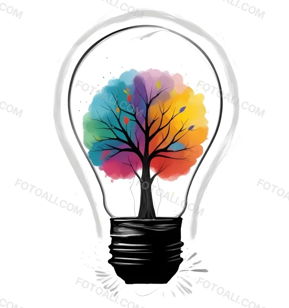 Digital Painting A Light Bulb With A Tree Inside The Tree Has Colorful Leaves And A White Trunk Black Background Bold And Slim Lines Brush Strokes 2 E1da