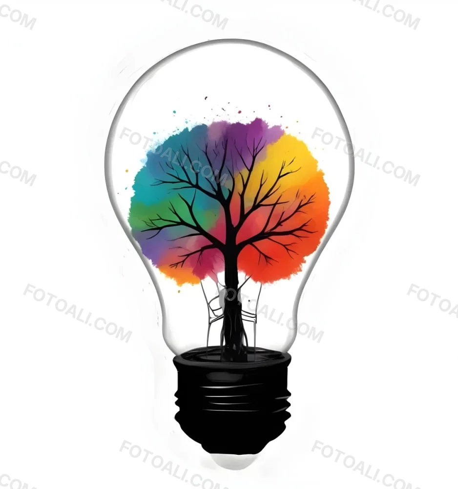Digital Painting A Light Bulb With A Tree Inside The Tree Has Colorful Leaves And A White Trunk Black Background Bold And Slim Lines Brush Strokes 30 2099