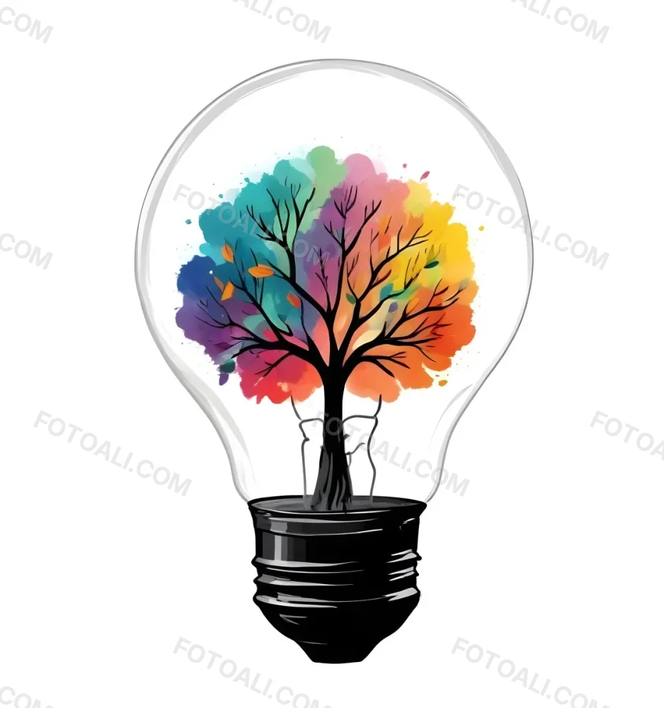 Digital Painting A Light Bulb With A Tree Inside The Tree Has Colorful Leaves And A White Trunk Black Background Bold And Slim Lines Brush Strokes 34 D6be