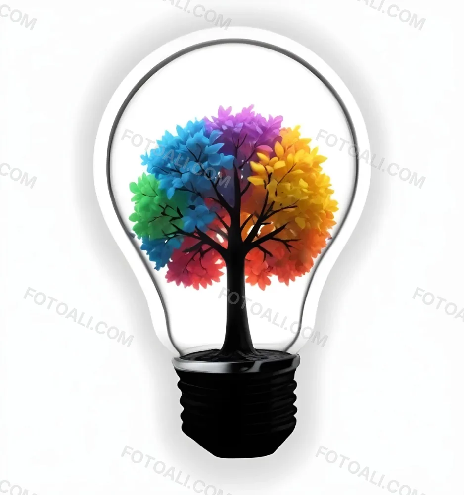 Digital Painting A Light Bulb With A Tree Inside The Tree Has Colorful Leaves And A White Trunk Black Background Bold And Slim Lines Brush Strokes 40 Cc0c
