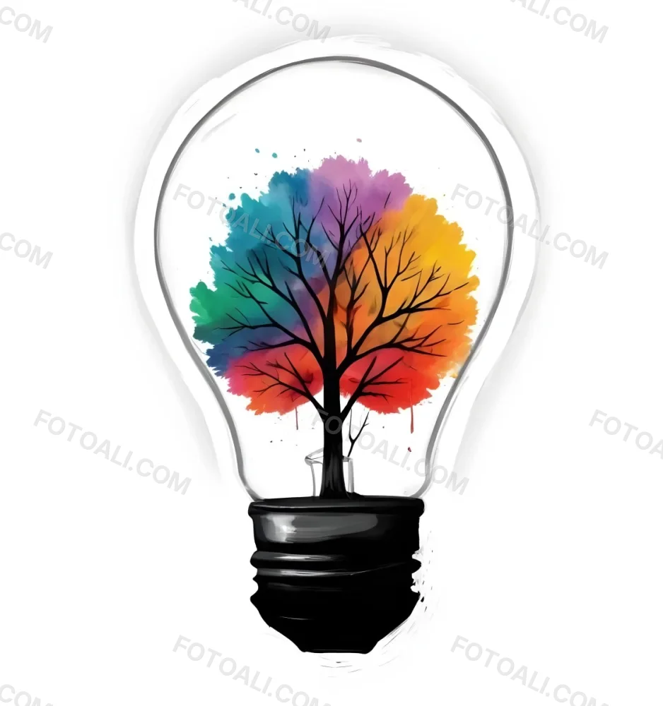 Digital Painting A Light Bulb With A Tree Inside The Tree Has Colorful Leaves And A White Trunk Black Background Bold And Slim Lines Brush Strokes 51 83cc