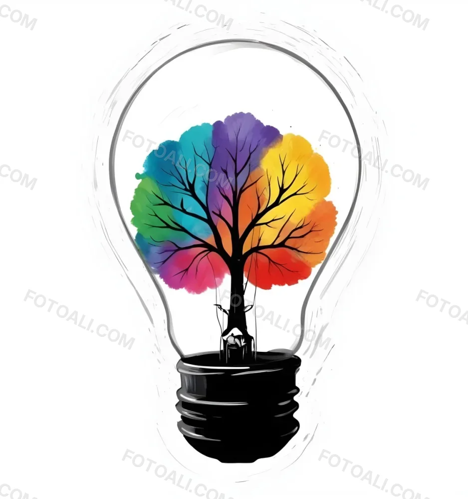 Digital Painting A Light Bulb With A Tree Inside The Tree Has Colorful Leaves And A White Trunk Black Background Bold And Slim Lines Brush Strokes 59 32b1