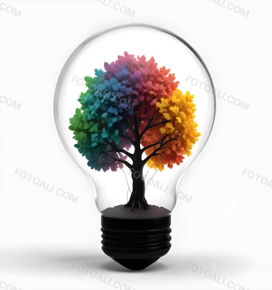 Digital Painting A Light Bulb With A Tree Inside The Tree Has Colorful Leaves And A White Trunk Black Background Bold And Slim Lines Brush Strokes 62 3c72