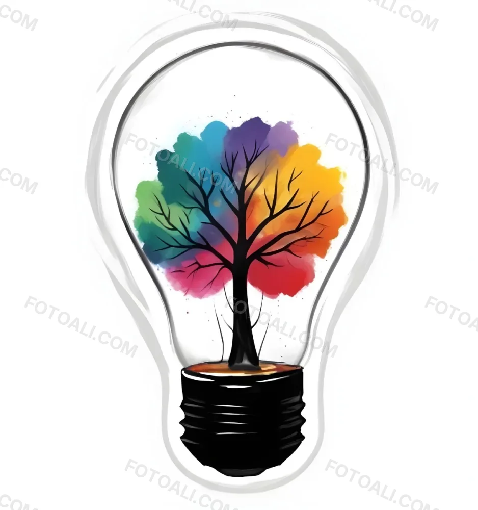 Digital Painting A Light Bulb With A Tree Inside The Tree Has Colorful Leaves And A White Trunk Black Background Bold And Slim Lines Brush Strokes 8 9643