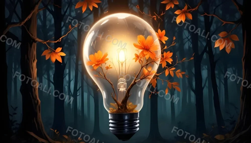 Digital Painting A Light Bulb With Glowing Orange Flowers Inside Surrounded By Tree Branches With Leaves In A Dark Forest Bold And Slim Lines Brush Strokes 1 6429
