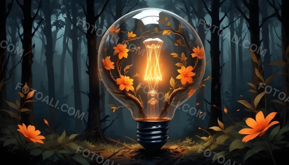 Digital Painting A Light Bulb With Glowing Orange Flowers Inside Surrounded By Tree Branches With Leaves In A Dark Forest Bold And Slim Lines Brush Strokes 13 8b9f