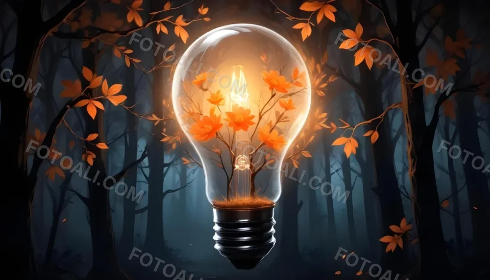 Digital Painting A Light Bulb With Glowing Orange Flowers Inside Surrounded By Tree Branches With Leaves In A Dark Forest Bold And Slim Lines Brush Strokes 15 172c