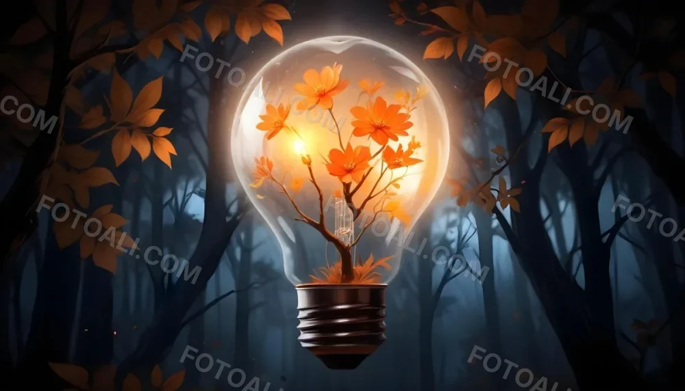 Digital Painting A Light Bulb With Glowing Orange Flowers Inside Surrounded By Tree Branches With Leaves In A Dark Forest Bold And Slim Lines Brush Strokes 19 9b9c