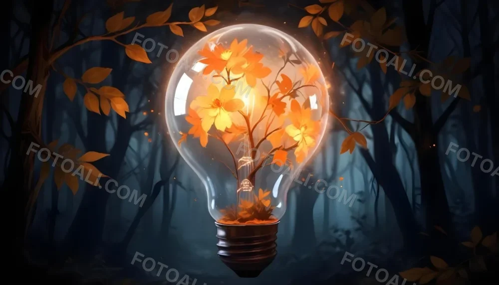 Digital Painting A Light Bulb With Glowing Orange Flowers Inside Surrounded By Tree Branches With Leaves In A Dark Forest Bold And Slim Lines Brush Strokes 22 0845