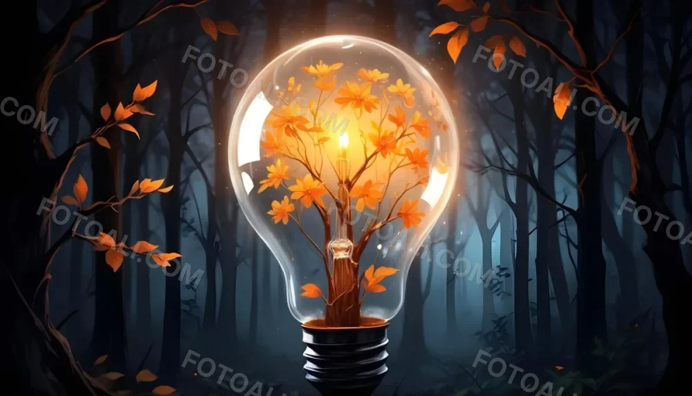 Digital Painting A Light Bulb With Glowing Orange Flowers Inside Surrounded By Tree Branches With Leaves In A Dark Forest Bold And Slim Lines Brush Strokes 24 D239