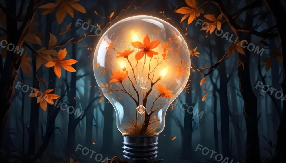 Digital Painting A Light Bulb With Glowing Orange Flowers Inside Surrounded By Tree Branches With Leaves In A Dark Forest Bold And Slim Lines Brush Strokes 28 6ec9